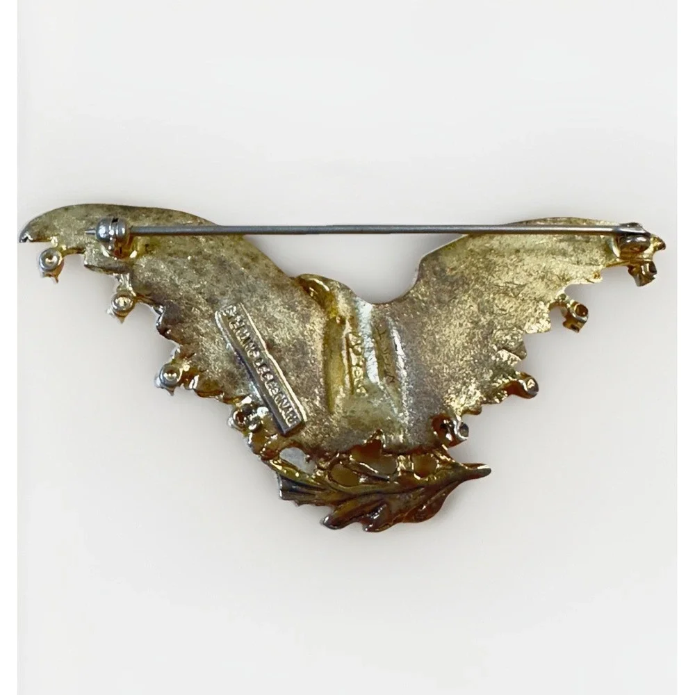LES BERNARD Sterling Silver Brooch Patriotic Eagle Pin Red White Blue Gemstones